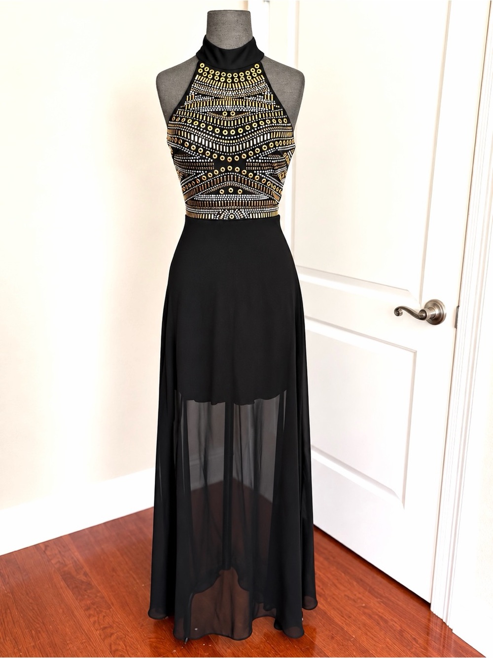 B Darlin Black Halter Maxi Dress with Gold Beaded Bodice